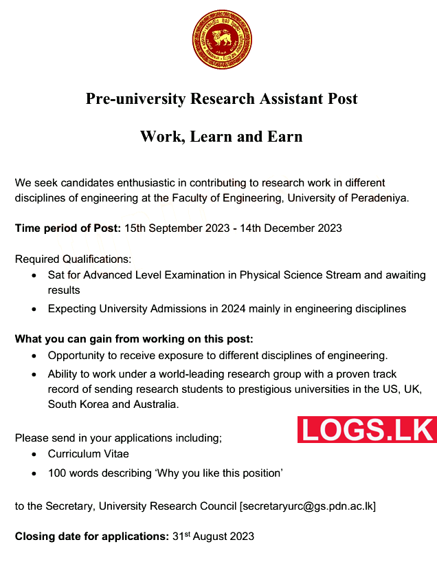 research assistant vacancies in university of peradeniya 2023